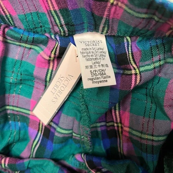 Victoria's Secret Pajama Pants Womens S Teal Pink Plaid Lurex Jogger Sleepwear - Picture 5 of 9
